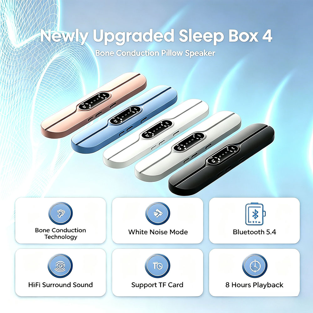 Bone Conduction Pillow Speaker Sleep Aid - 睡眠ボックス骨伝導枕スピーカー、Bluetooth 5.4、ホワイトノイズ、TFカード、タイマー付きシャットダウン、睡眠補助用枕下8時間再生