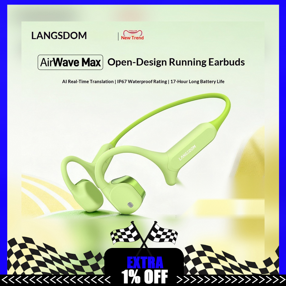 Air Conduction Open Ear Running Earbuds - LANGSDOM AirWave Max オープンイヤー型 Bluetooth ヘッドホン。ワイヤレスで、空気伝導方式を採用したスポーツ用イヤホン。ランニングやサイクリングに最適。