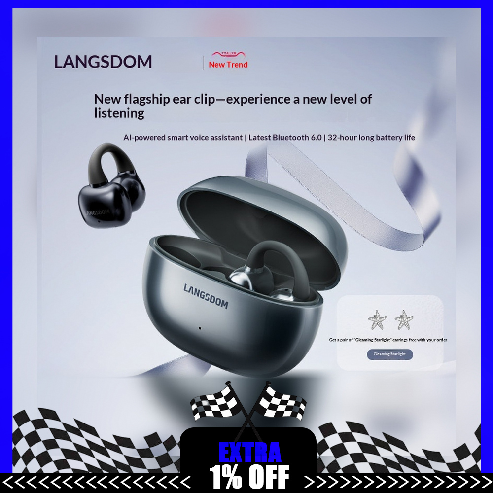 Air Conduction Open Ear Running Earbuds - LANGSDOM TS30 オープンイヤー型クリップ式Bluetoothヘッドホン。ワイヤレスAI搭載、空気伝導方式を採用したスポーツイヤホン。ランニングやトレーニングに最適。