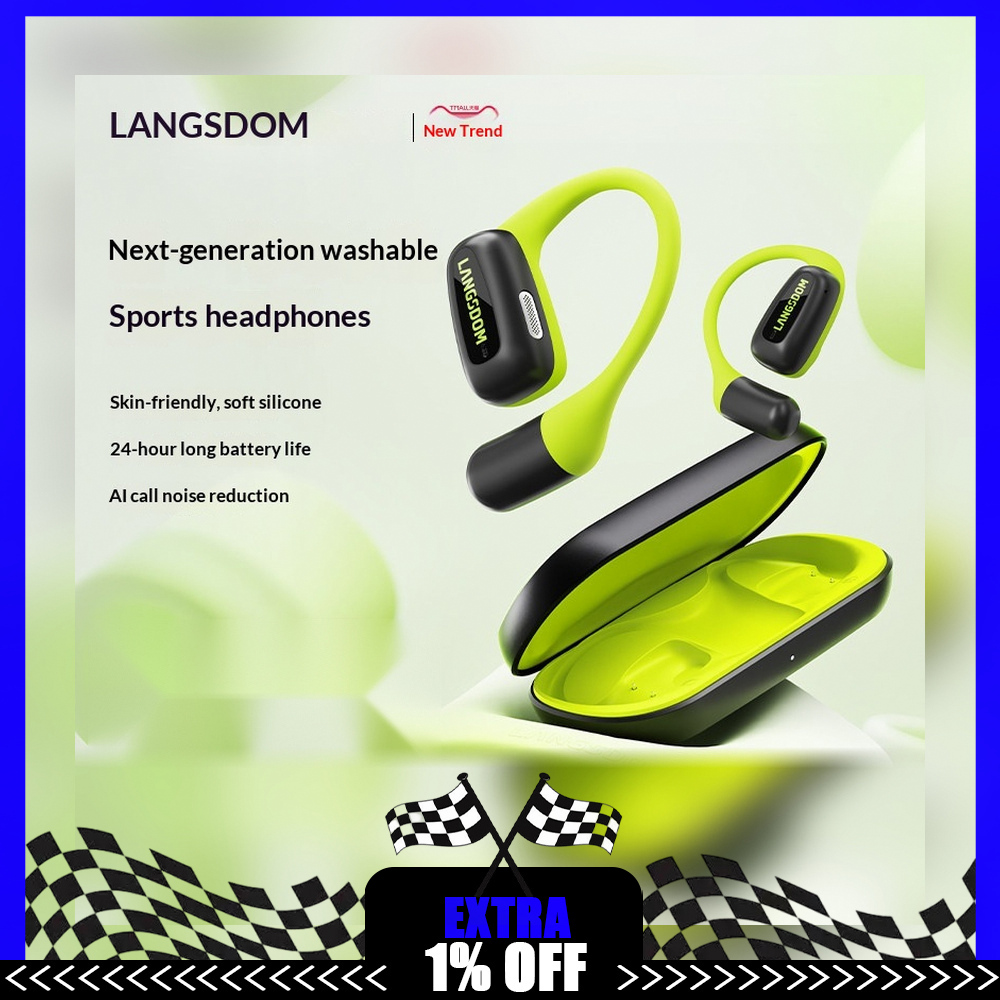 Air Conduction Open Ear Running Earbuds - LANGSDOM AirFit オープンイヤー型 Bluetooth ヘッドホン。ワイヤレスで、空気伝導方式を採用したイヤーフック型。ランニングやワークアウトに最適。ギフトにも。