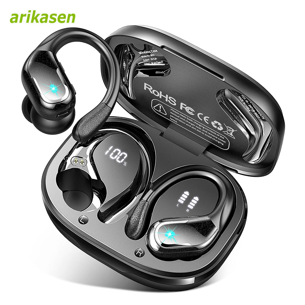 Silicone Ear Hooks Sports Headphones - ノイズキャンセル付き防水ワイヤレスヘッドフォン,深みのある低音フック,スポーツトレーニング,ジム,Bluetooth 5.3, 75時間
