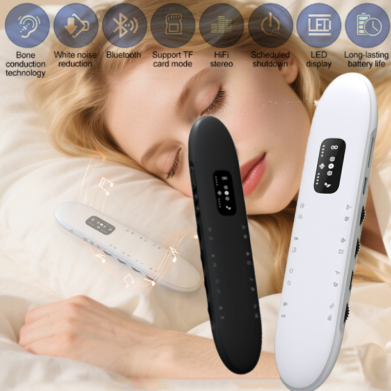 Bone Conduction Pillow Speaker Sleep Aid - 枕の下で使えるBluetoothスピーカー。骨伝導方式を採用し、ホワイトノイズで睡眠をサポート。HDディスプレイ搭載、TFカード対応、タイマー機能付き。