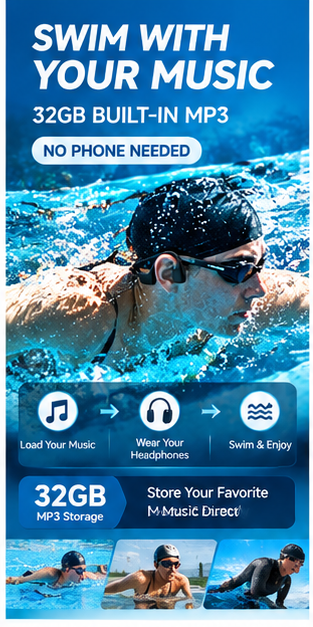 IP68防水対応、骨伝導方式の水泳用ヘッドホン。32GBのM - Swimming Bone Conduction Earphones Ip68 Mp3 のレビューと価格