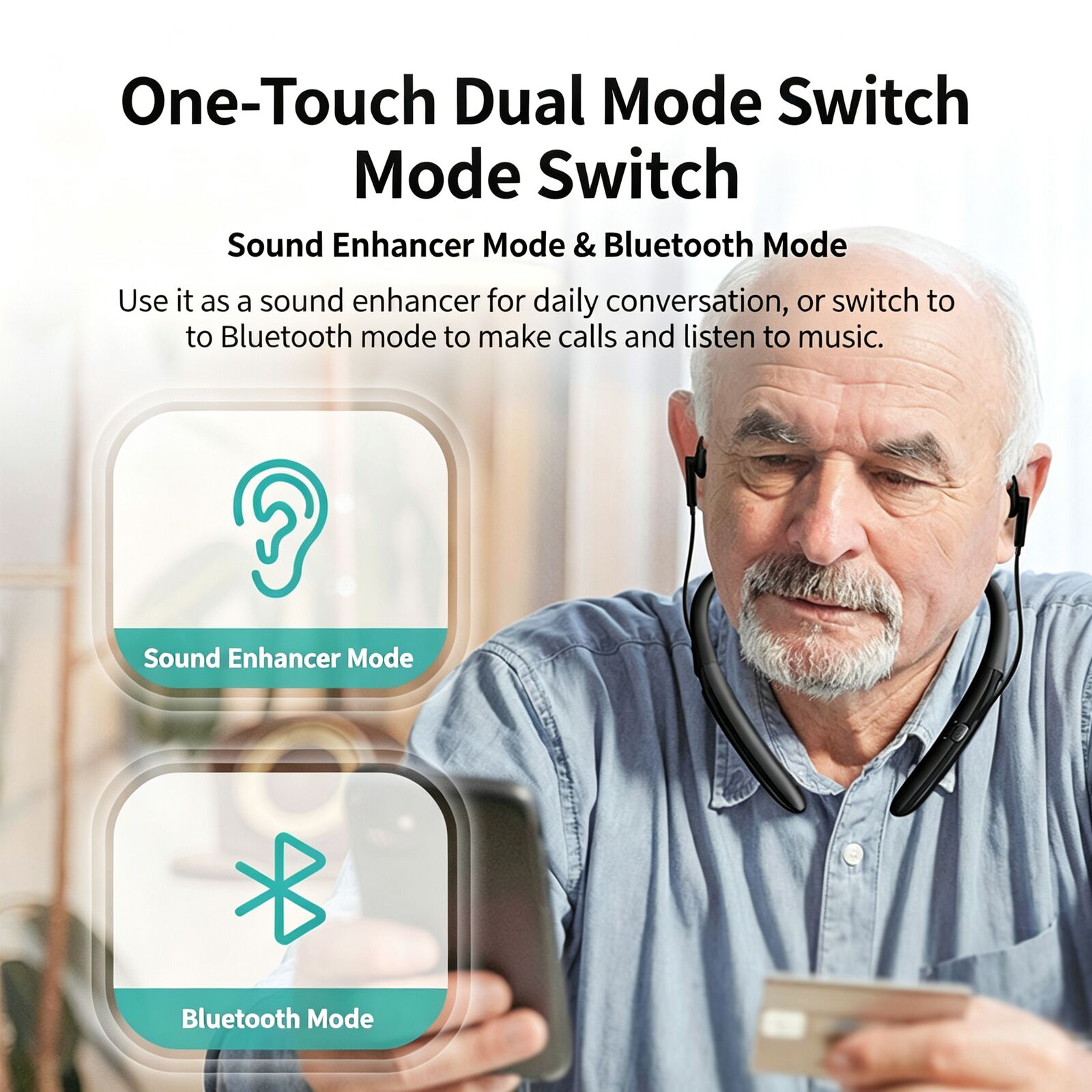ワンタッチで切り替え可能なデュアルモード、首掛け式、Blue - Bone Conduction Hearing Aid Amplifier のレビューと価格